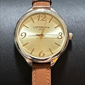 Liz Claiborne LIZ37C Gold Tone Watch Brown Leather Adjustable Band